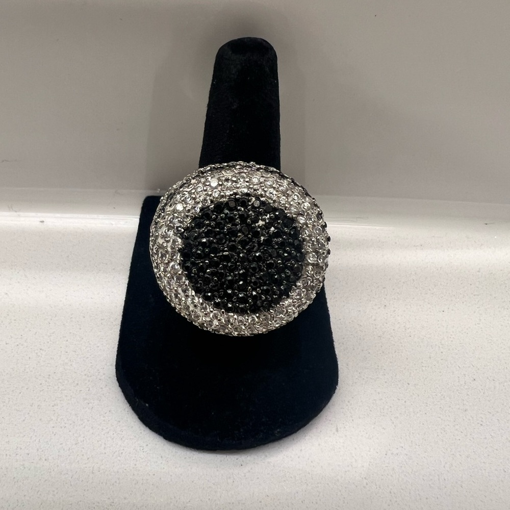 Sterling Silver Black White Diamond Pavé Dome Ring  Cocktail Ring Size 7